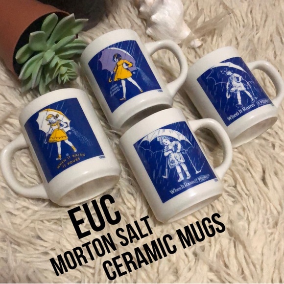 Morton Salt Mug Set (4)-Ceramic-White/Blue-EUC